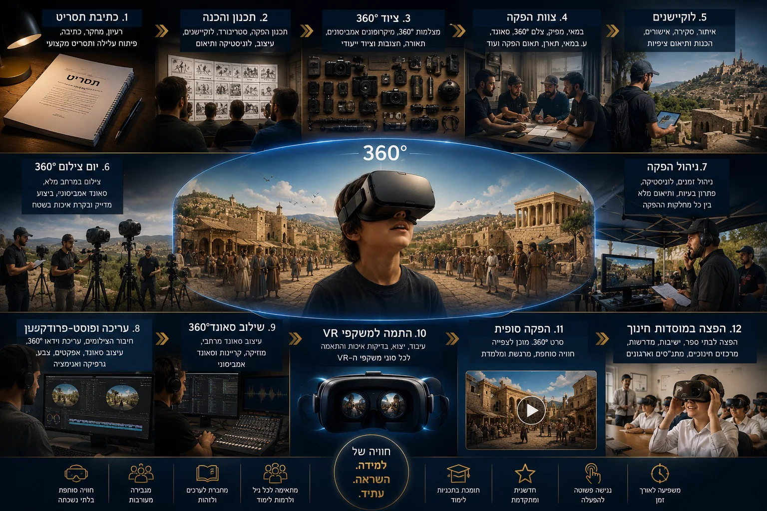 תהליך ההפקה המלא של S חוויות — מכתיבת תסריט ותכנון, דרך ציוד 360° ויום צילום, ועד עריכה, סאונד והפצה במוסדות חינוך